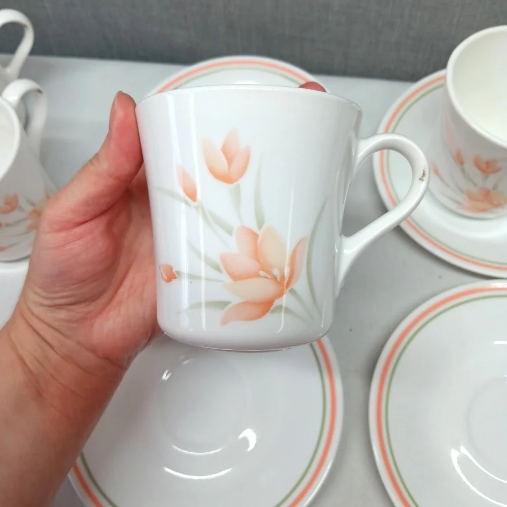 Vintage Corelle Peach Floral Cup Saucer Set‎ 4 Pink Green Stripe USA